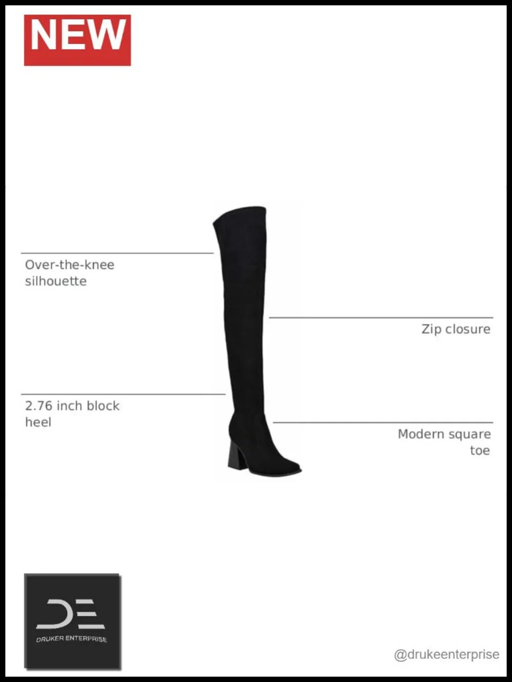 Over the Knee Dress Boots Block Heel Square Toe Zip Closure Women